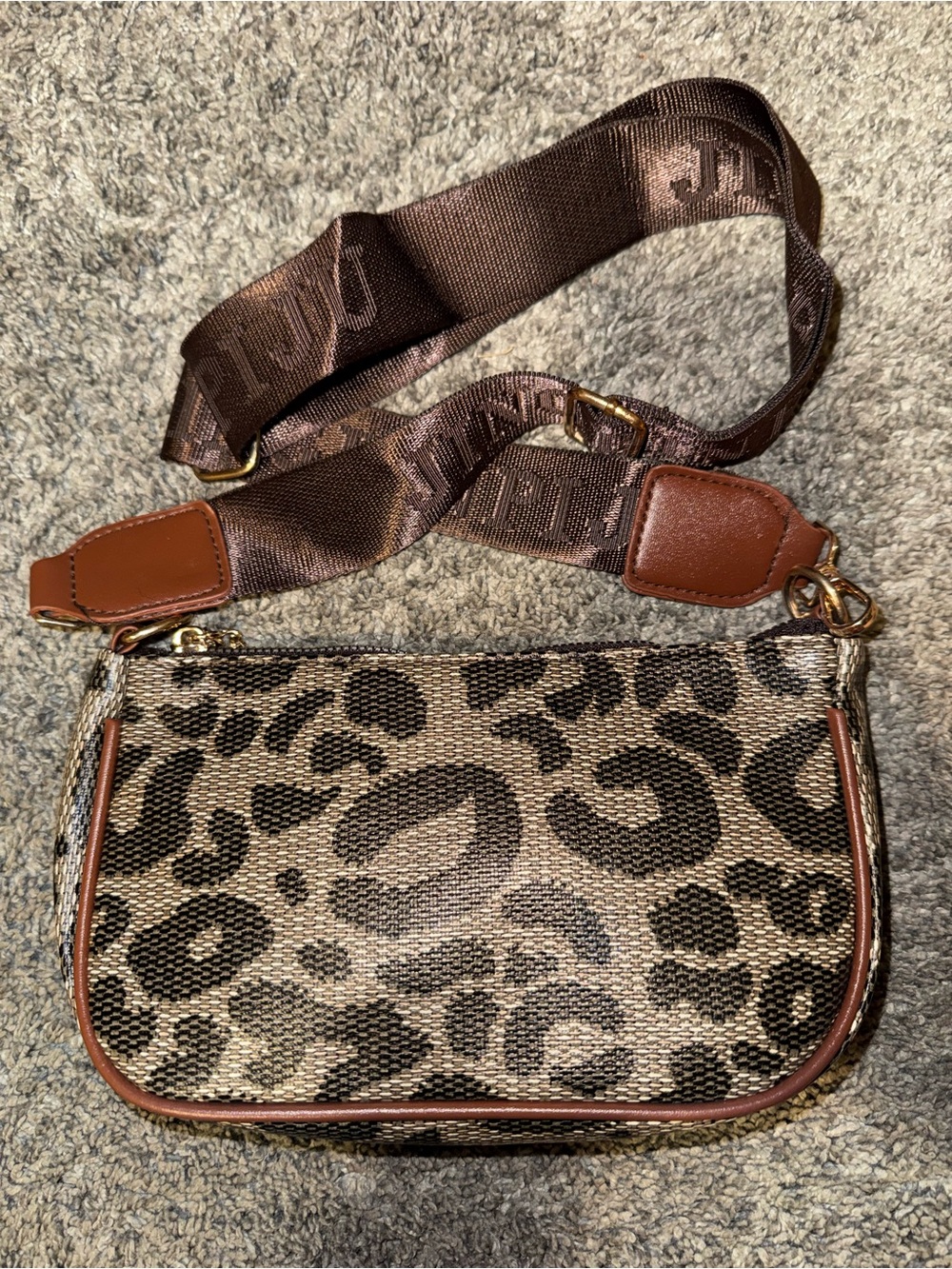 Leopard Print Crossbody Vegan leather Bag with Brown Trim and Adjustable Strap